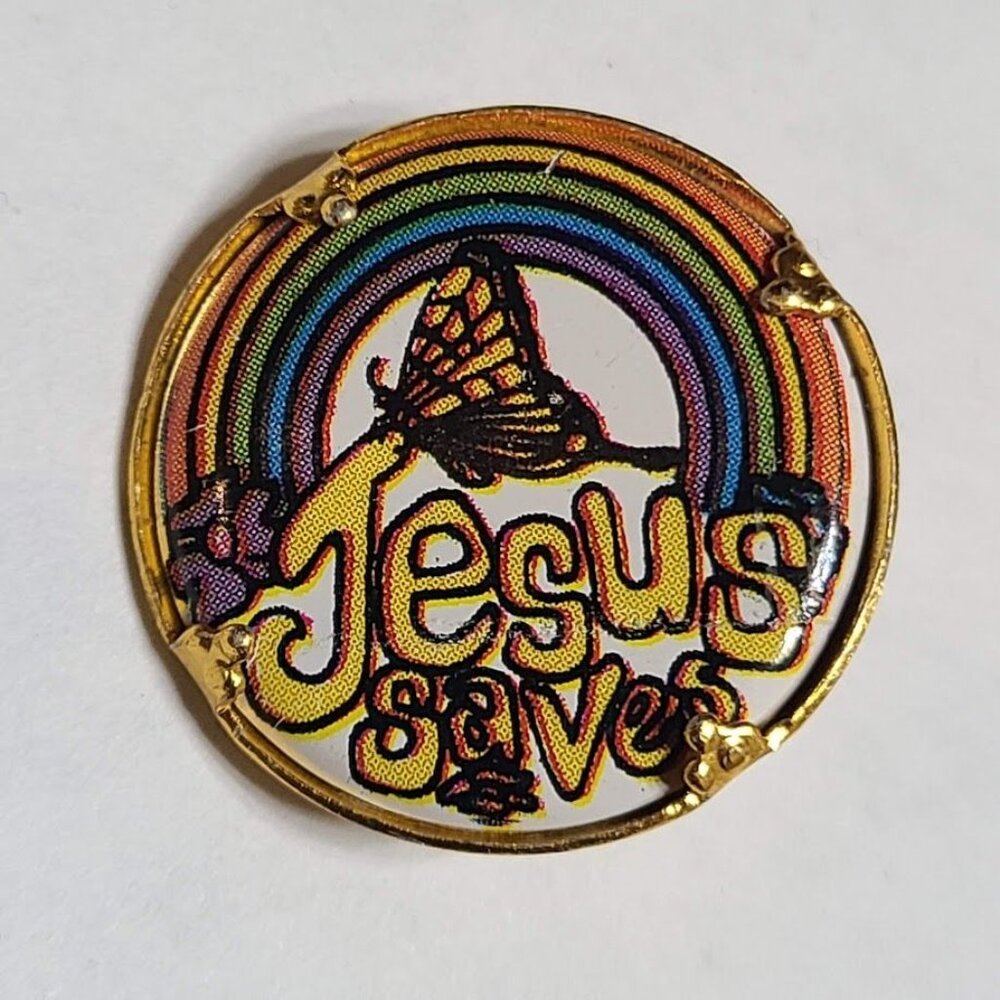 Vintage Jesus Saves Rainbow Butterfly Pin Gold Tone Christian Badge - Picture 2 of 5